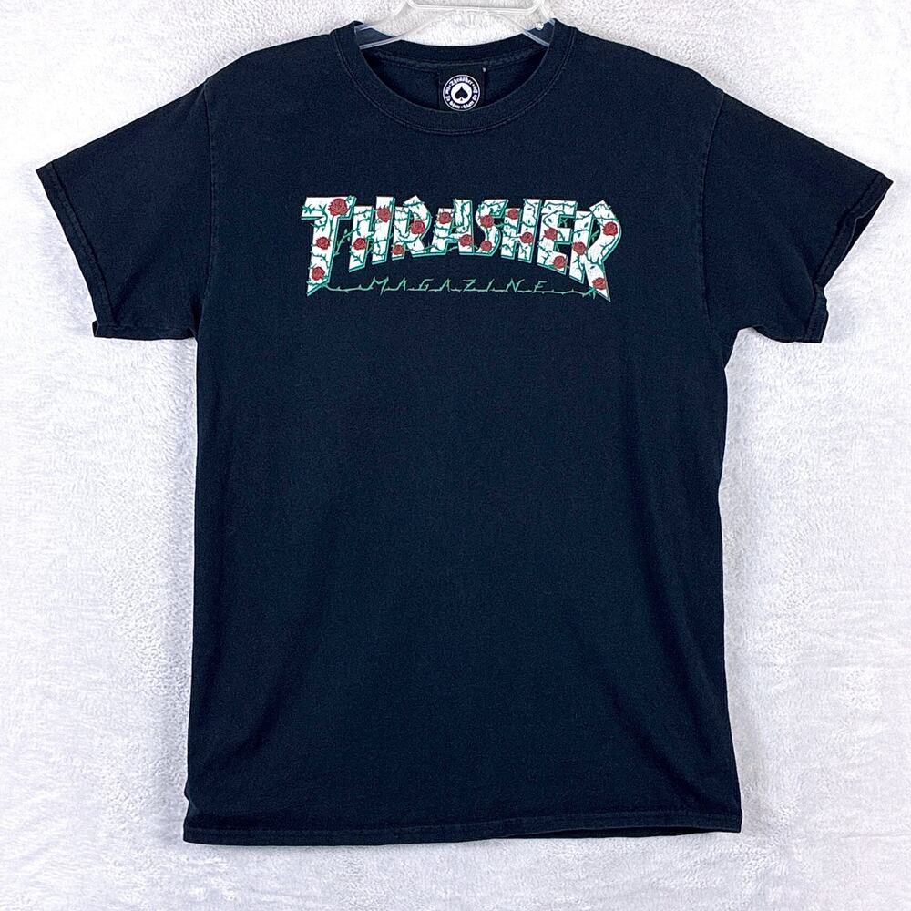 VTG Thrasher Magazine Tshirt Mens S Black Roses Thorns Skate Streetwear Y2K